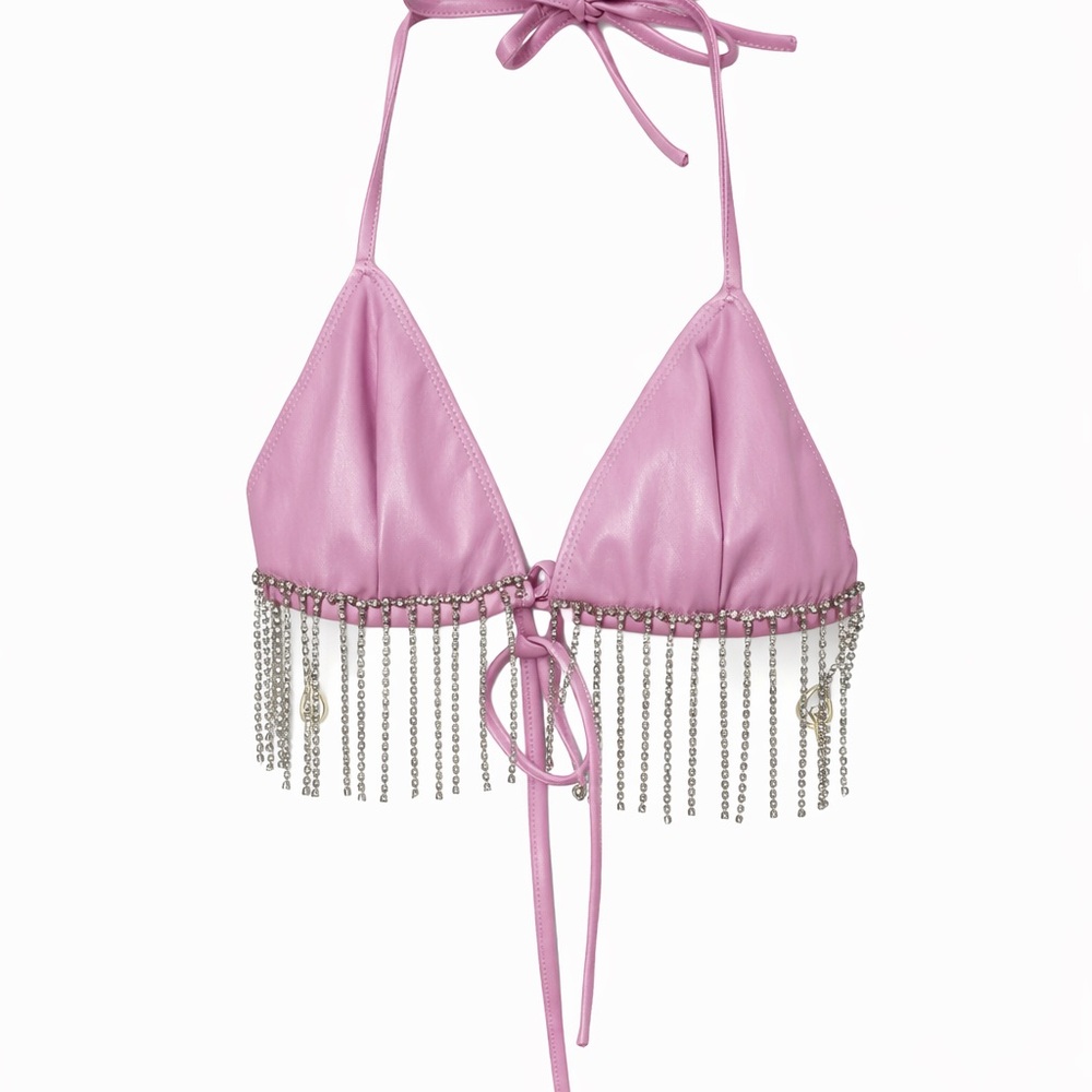 Lavender leather  Halter Bikini Top with Silver Rystone Fringe